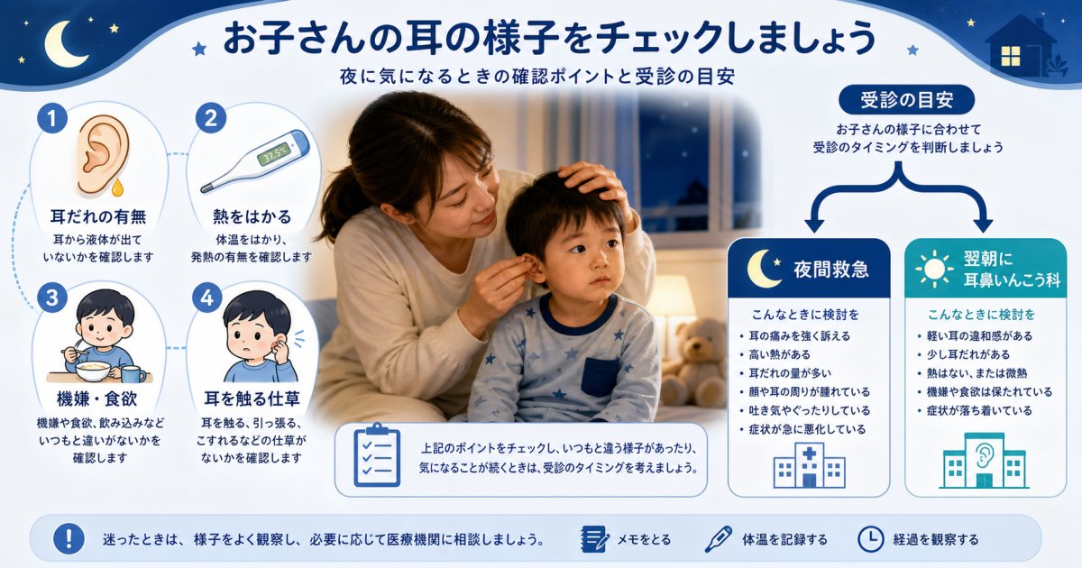 子供が耳を痛がるとき家庭での確認点と夜間の受診目安を解説